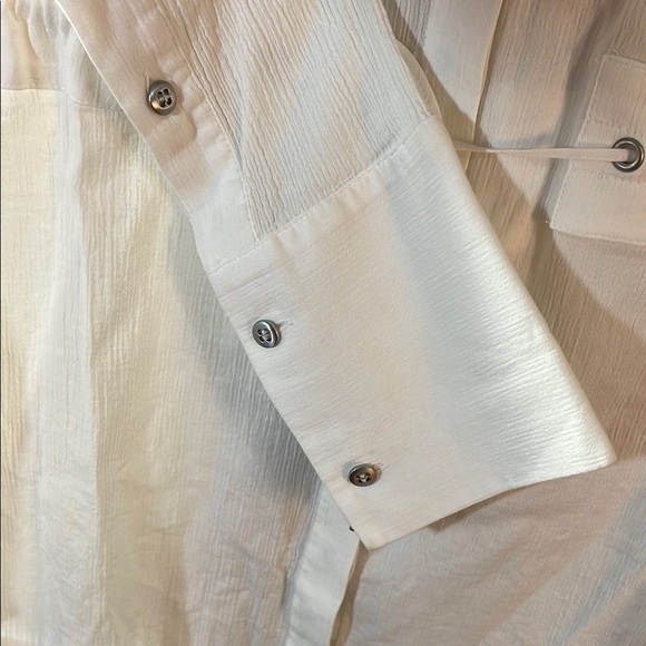 Helmut Lang White Texture Button Down Draw String Blouse Sz P/XS Classic Coastal - Picture 9 of 15